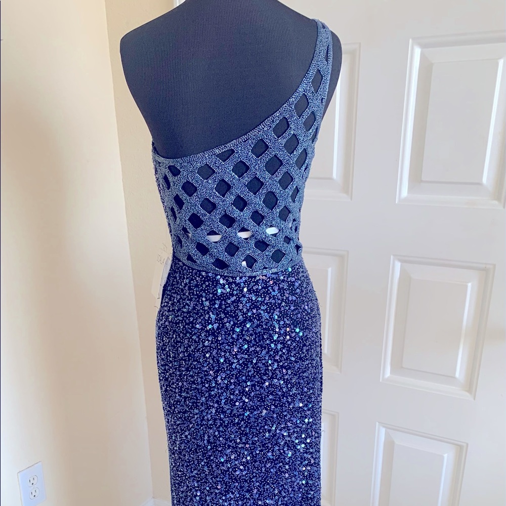 Scala Blue Purple Navy Blue Beaded Sequin One Shoulder Gown NWT 47621L 77335